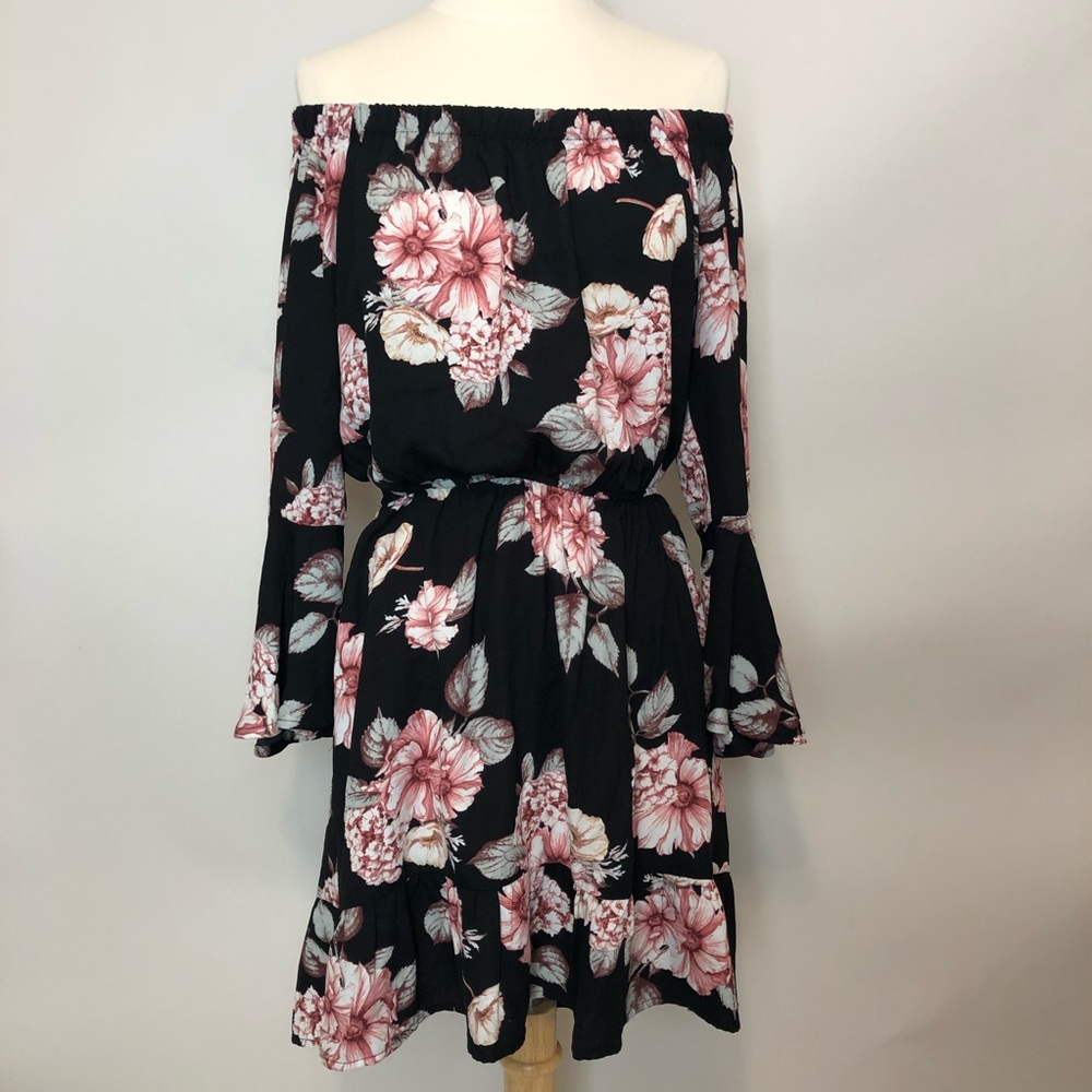 Floral off the shoulder dress.
